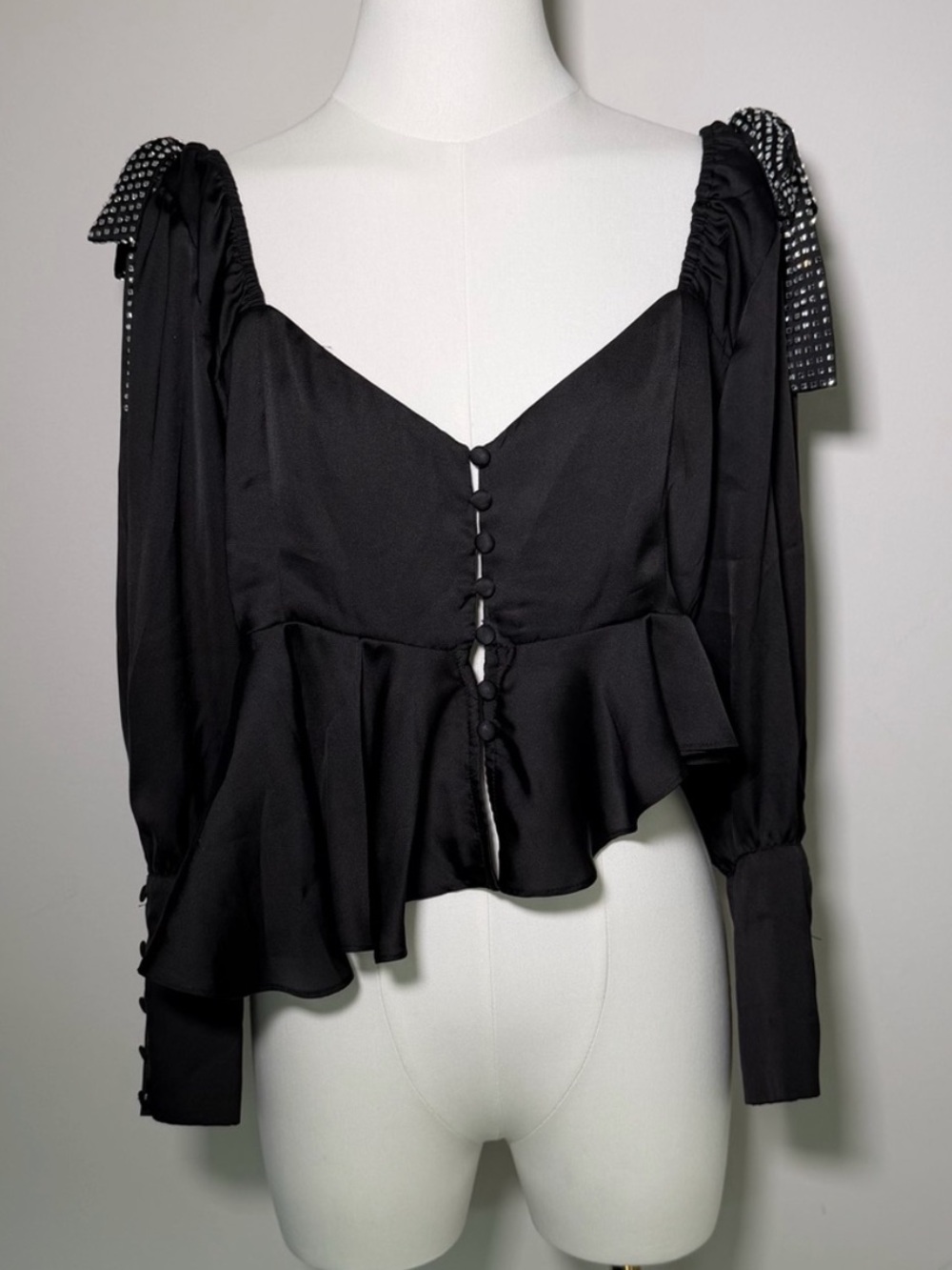 For love & lemons black satin blouse s